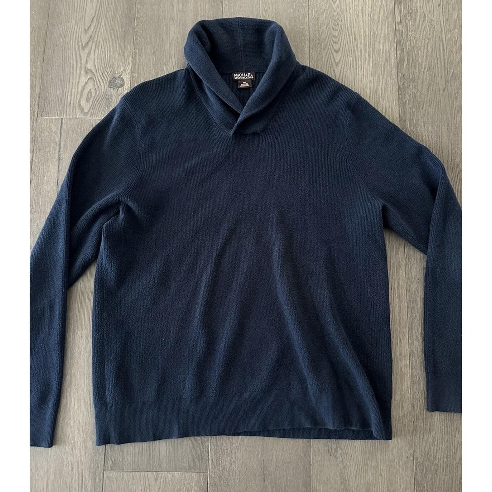 MICHAEL Michael Kors Sweater Mens 2XL‎ Blue Shawl Collar Cotton Knit Pullover